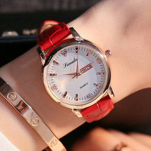 红色真皮带镶钻女士手表时尚潮流防水双日历玫瑰，金学生(金学生)高档腕表