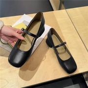 玛丽珍女鞋2024年法式中跟小皮鞋方头浅口一字带，仙女文艺单鞋