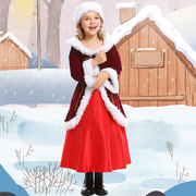 平安夜聚餐派对圣诞舞台演出亲子酒红色长裙可爱圣诞女童服