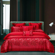 婚庆四件套大红床上用品结婚被套贡缎，刺绣蕾丝婚房喜事床品八件套