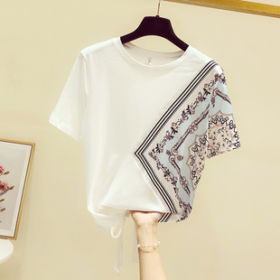 夏季韩版时尚宽松系带雪纺，拼接纯棉短袖t恤女设计感白色上衣