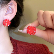 韩国清新红色水晶球耳钉女时尚百搭耳环网红高级感气质银针耳饰品
