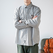 2024春季竖条纹衬衫男长袖，日系学生衬衣，宽松复古外套韩版潮流寸衫