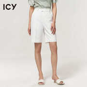 icy女装通勤商务，休闲纯色中裤，女高腰显瘦白色西装裤短裤