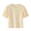 艾格城市新中式蕾丝泡泡袖上衣女2024春夏短袖花朵米白色T恤