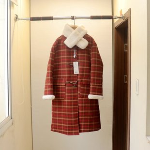 网红原单韩版女学院风仿兔毛内胆红色格子毛，呢大衣外套棉衣1.7kg