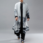 古风男装中国风禅意汉服立领中式唐装演出长袍假两件棉麻长衫上衣