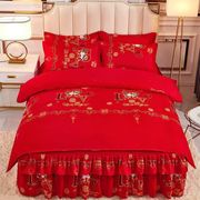 大红纯棉结婚婚庆斜纹磨毛四件套床裙式婚被床裙款床上用品