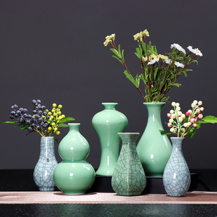 御茗青瓷现代创意居家装饰品，摆件大号陶瓷小花器，台面水培花插花瓶
