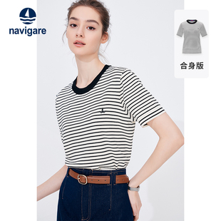 Navigare意大利小帆船黑色条纹短袖T恤女夏季针织休闲体恤海魂衫