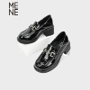 mene(女鞋)黑色漆皮小皮鞋，女2024春厚底粗跟英伦风单鞋女