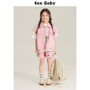 senbaby童装女童套装宝宝春装中大童韩粉牛仔短袖外套+短裤两件套