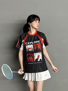 f61黑红拼接羽毛球服女男情侣，t恤比赛训练速干运动上衣短袖