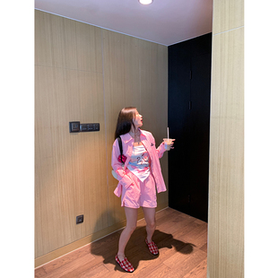 落落狷介 夏装搭配一整套粉色套装女两件套 套装裤长袖上衣+短裤