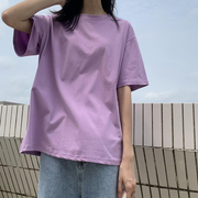 紫色t恤女短袖2024夏季棉质香芋紫t恤简约打底圆领浅紫色上衣