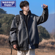 wassup happy美式pu皮连帽外套男春季新款休闲假两件机车服夹克潮