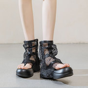 欧美风夹趾镂空罗马凉鞋，女夏季松糕厚底，短靴露趾网纱透气凉靴