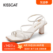 KISSCAT/接吻猫夏季牛皮时尚方头都市风高跟时装凉鞋女KA21310-13