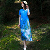 中式复古印花苎麻连衣裙女夏气质，显瘦短袖长裙，改良棉麻蓝色旗袍裙