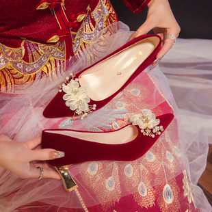 结婚鞋女高跟秀禾服婚纱两穿2024年粗跟红色新娘鞋孕妇不累脚