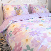 田园紫色花卉小碎花床上四件套全棉纯棉床单床笠款水墨画风格床品