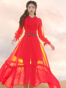大红色超仙宽松显瘦摩洛哥民族风西藏旅游度假长裙高密雪纺连衣裙