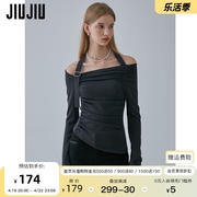 jiujiu设计感一字肩露肩上衣女春季2024年不规则短款修身t恤