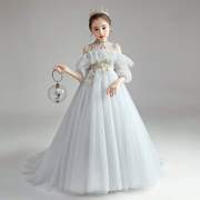 儿童表演走秀礼服，拖尾钢琴演出服蓝色，花童婚纱公主裙主持人连衣裙