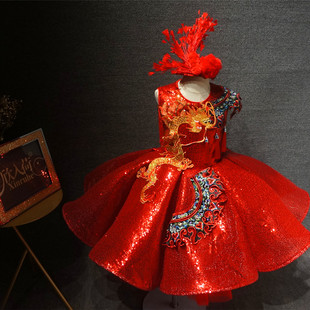 儿童礼服短款红色蓬蓬裙，女童新年中国风龙春晚主持走秀表演演出服
