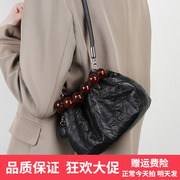 新中式珠子包个性小众头层牛皮包包女手抓纹饭盒包串珠手提斜跨包