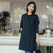 yun韫2024春季女装，西装领双排扣长款格子风衣薄款长外套3158