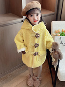 女童加厚羊羔绒外套，秋冬装儿童洋气连帽毛毛衣，中长款韩版保暖大衣