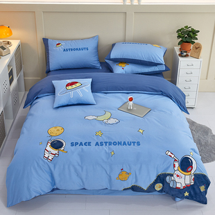 儿童床单四件套男孩纯棉卡通被套，1.5米蓝色100全棉，三件套1.2床笠