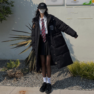 学院风黑色中长款羽绒棉服女2022年棉衣棉袄韩版过膝冬季外套