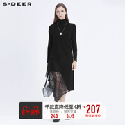 sdeer圣迪奥冬季女装优雅高领蕾丝拼接长袖针织连衣裙S20481201