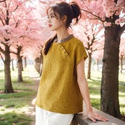 新中式亚麻印花短袖t恤女 棉麻女装2024夏季复古包袖无袖上衣