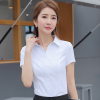 夏季女式短袖衬衫白色，斜条纹不透高棉，v领工装修身半袖工作服寸衫