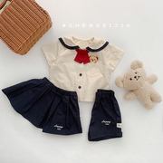 夏季婴幼儿学院风短袖半身裙，子女宝宝可爱海军，领上衣短裤两件套装