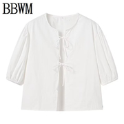 BBWM  欧美女装时尚简约纯色胸前系带白色衬衫