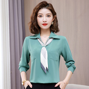 绿色雪纺职业衬衫女长袖，2023年秋季韩版时尚，洋气气质v领上衣