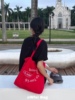 Wfei正红色帆布袋小众字母印花大容量帆布包学生上班通勤单肩包女