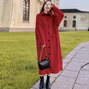 韩系慵懒风高龄毛衣女单排扣红色毛衣针织开衫，中长款外套女秋冬厚