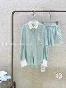 薄荷曼波风 宽松版型拼色条纹蕾丝花边领衬衫2024春夏设计师