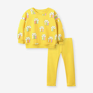 秋装女童黄色套头卫衣纯棉，打底裤两件套儿童，宝宝加厚上衣裤子套装