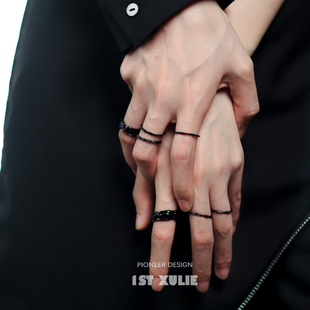 黑色戒指女s925纯银小众，设计冷淡风细戒子高级感开口食指素圈戒指