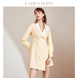 ladyselite慕裁黄色连衣裙女2023秋双排，扣西装领修身长袖西装裙