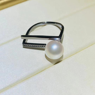 diy珍珠戒指配件s925纯银，开口戒空托个性，黑色戒指托手工半成品