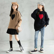 2021秋冬韩版女童毛衣，女孩加厚针织衫，中长款爱心休闲长袖上衣毛衣