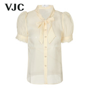 VJC/威杰思春夏法式系带泡泡袖衬衫网纱短袖上衣宫廷风女装