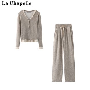 拉夏贝尔/La Chapelle假两件针织开衫上衣阔腿裤两件套套装女